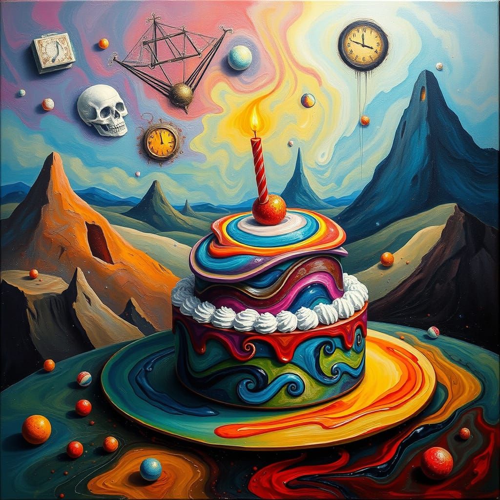 Whimsical Surrealist Birthday Cake Scene