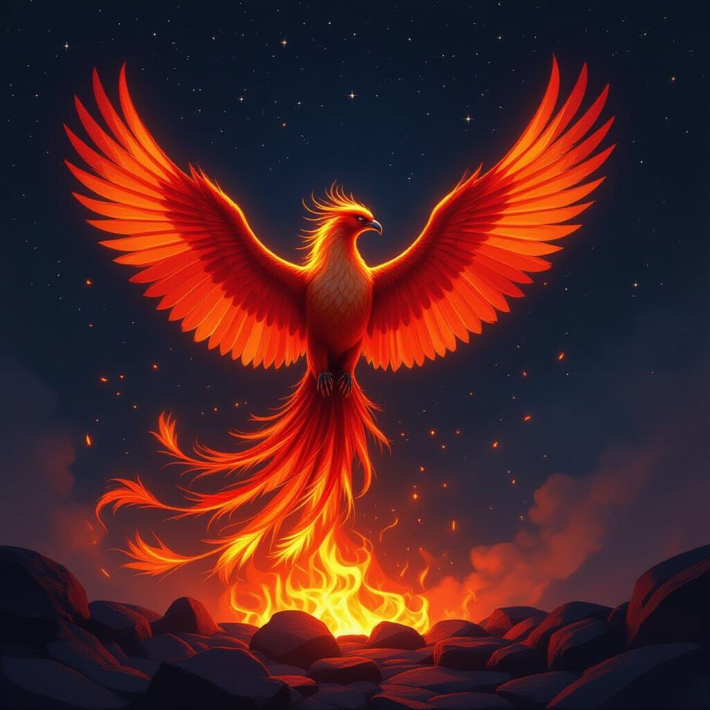 Majestic Phoenix Rises from Embers in Fiery Fantasy Art