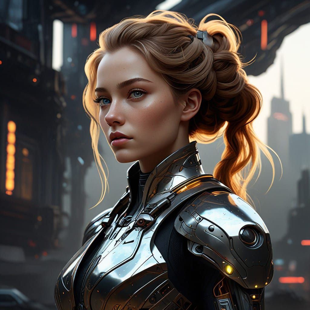 Glamorous Futuristic Marsian in Metallic Exosuit