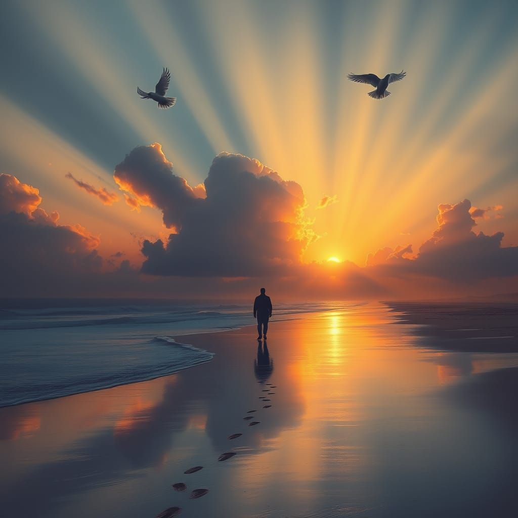 Solitary Beach Sunset with Soaring Doves