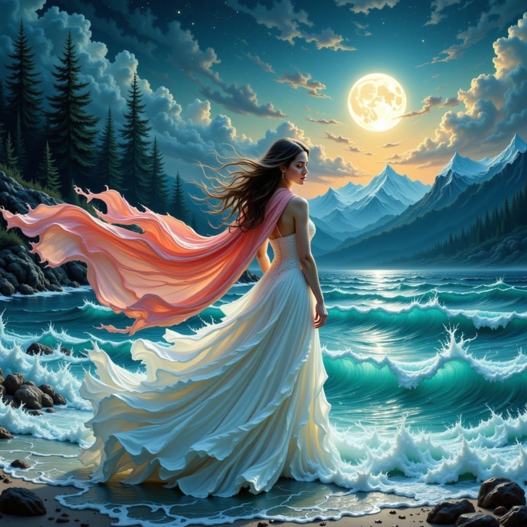 Ethereal Woman in Moonlit Sea Fantasy Digital Painting
