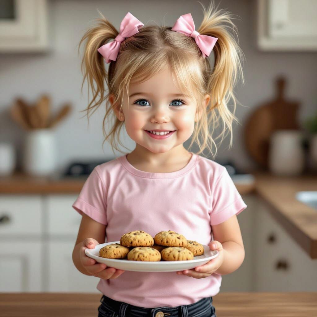 Adorable Toddler Girl with Cookies in Kitchen