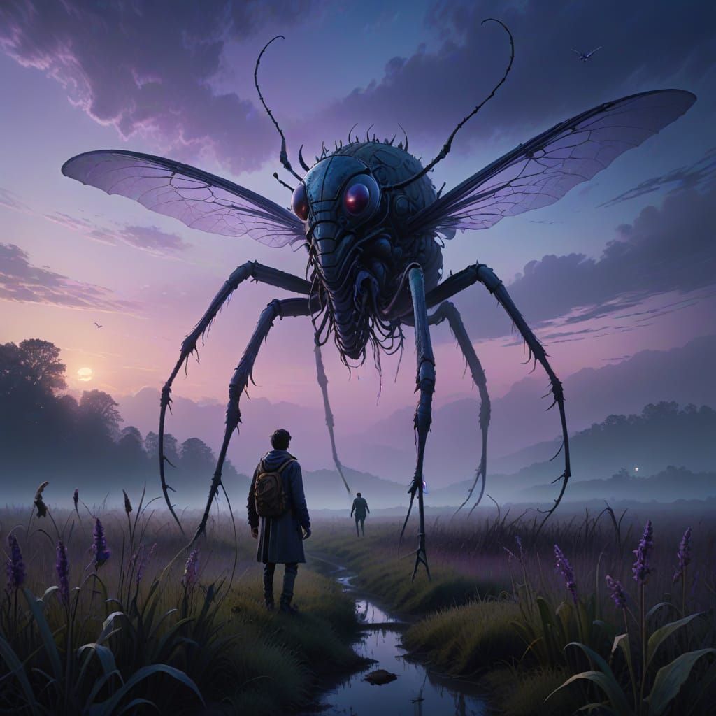 Fantasy Traveler Confronts Colossal Insect in Misty Field