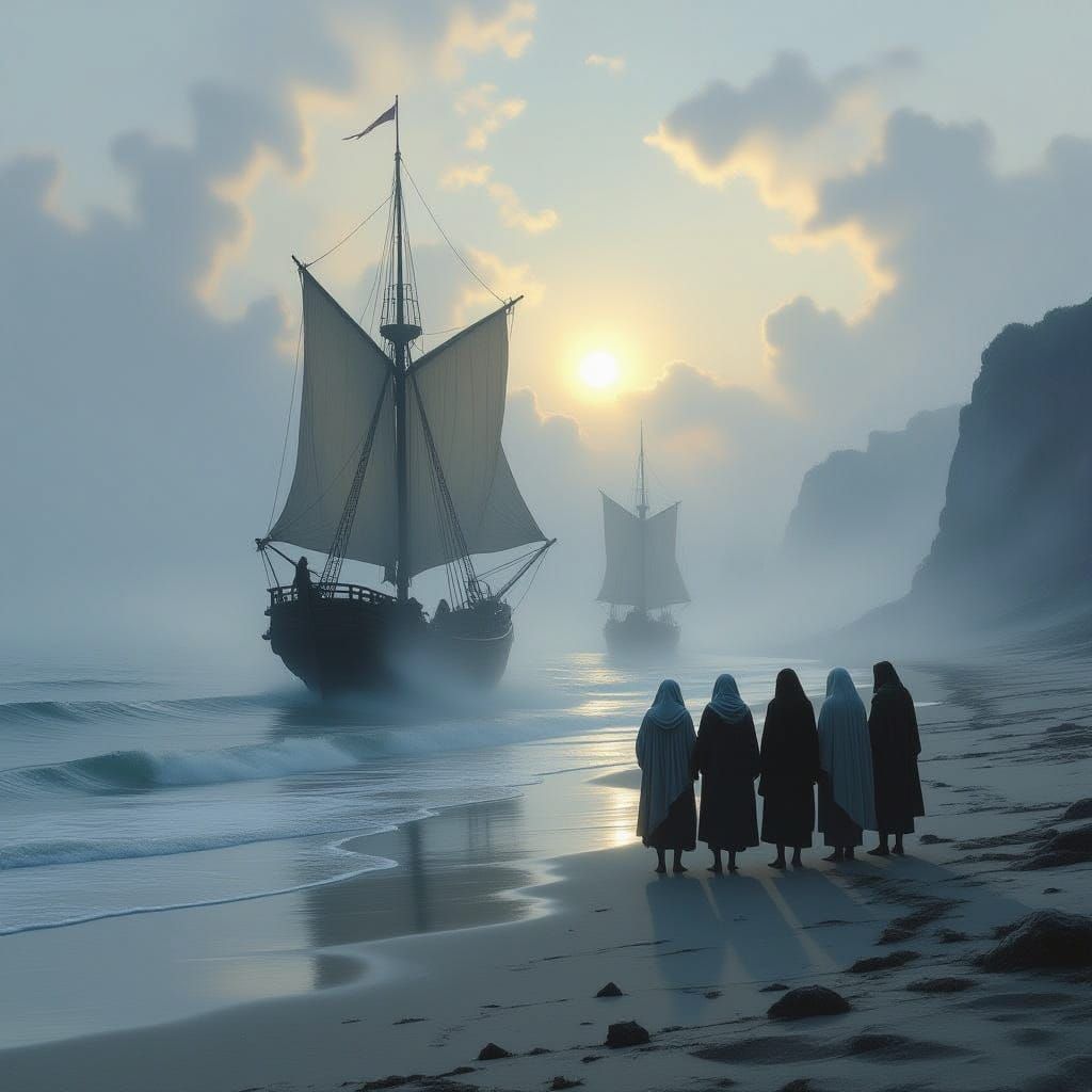 Stranded Pilgrims on Desolate Beach in Ethereal Mist