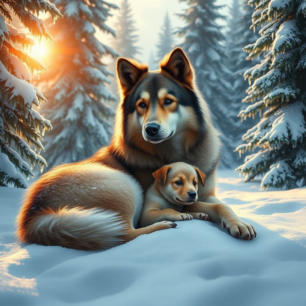 Majestic Mama Dog and Adorable Puppy in Serene Winter Wonder...