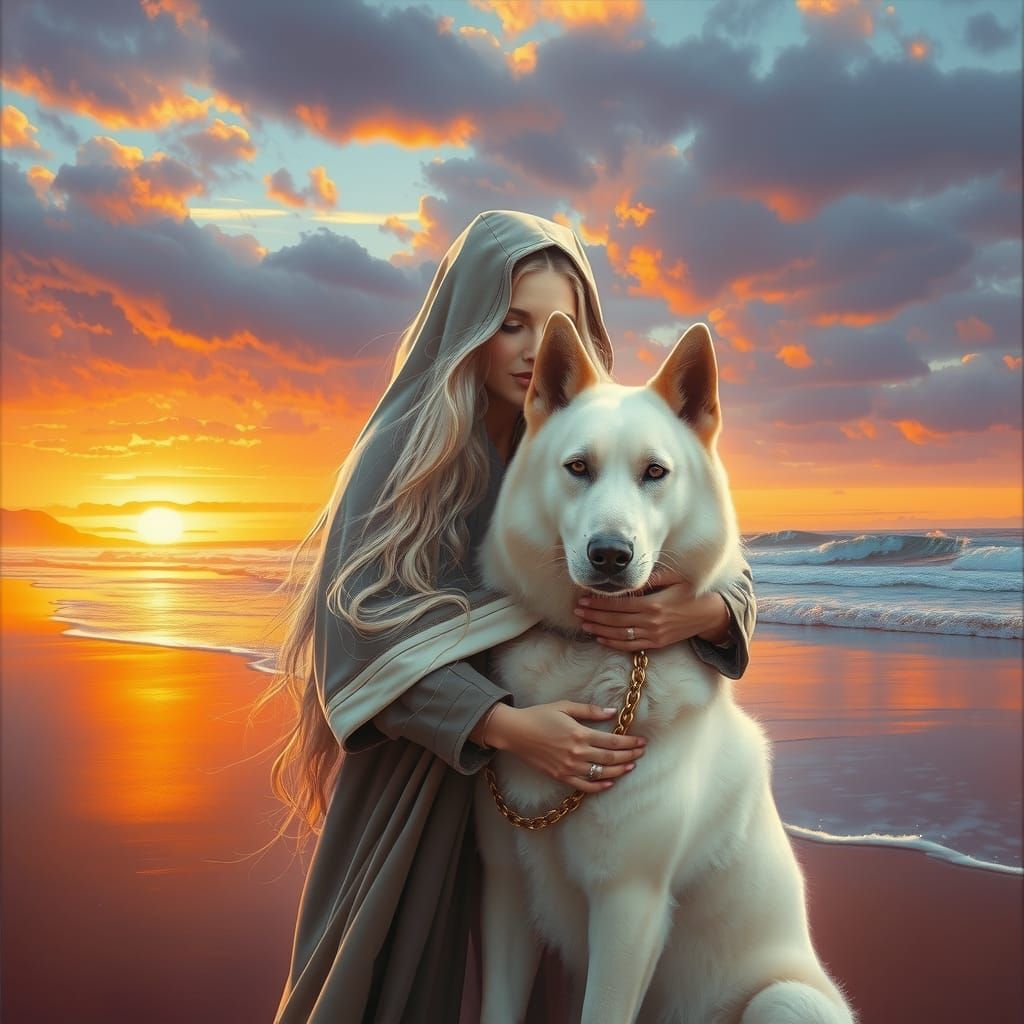 Regal Woman and White Shepherd at Sunset