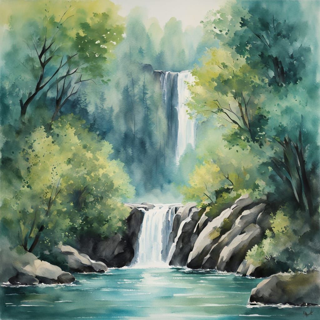Dreamy Waterfall in Impressionist Style