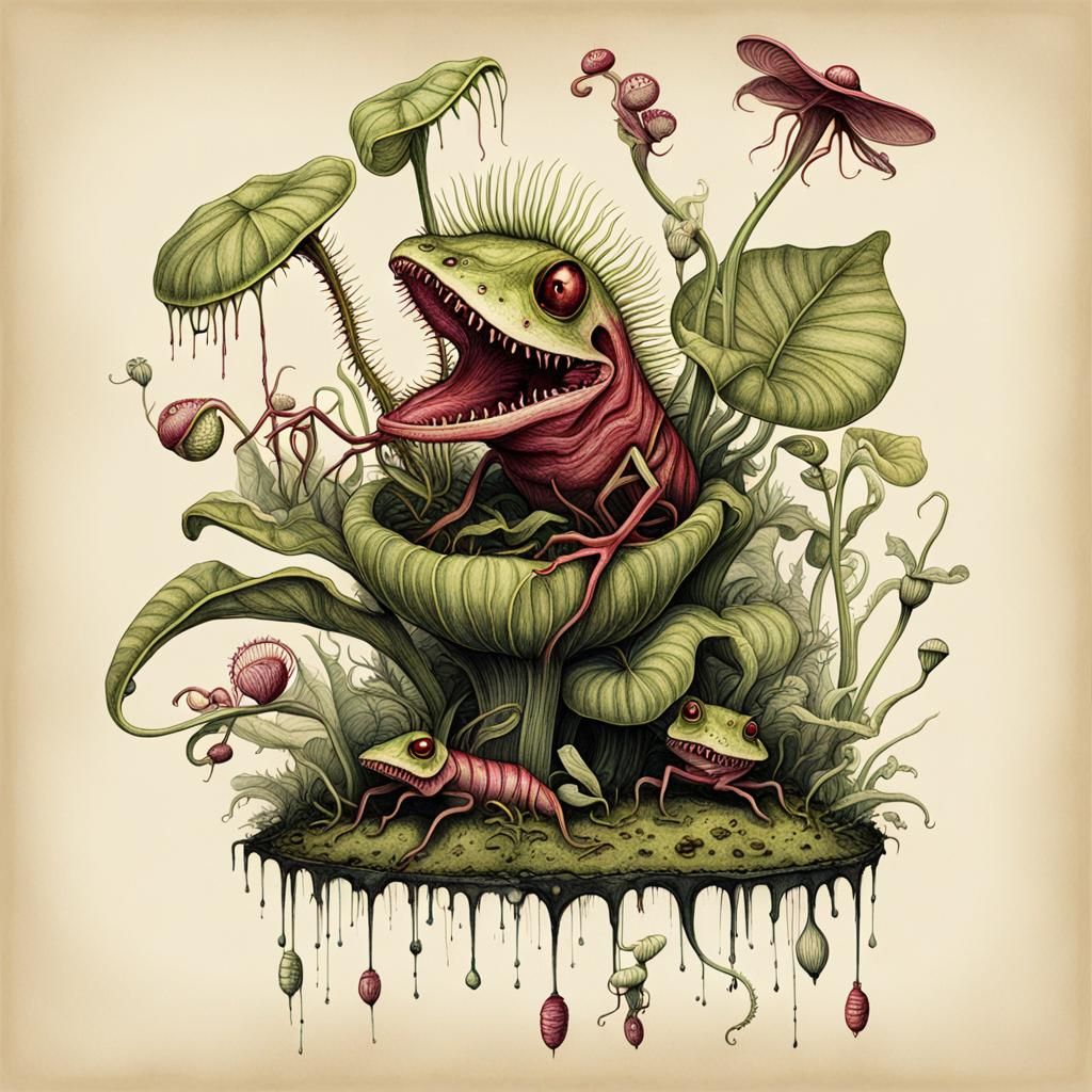 Monstrous Venus Flytraps in Botanical Ink Art