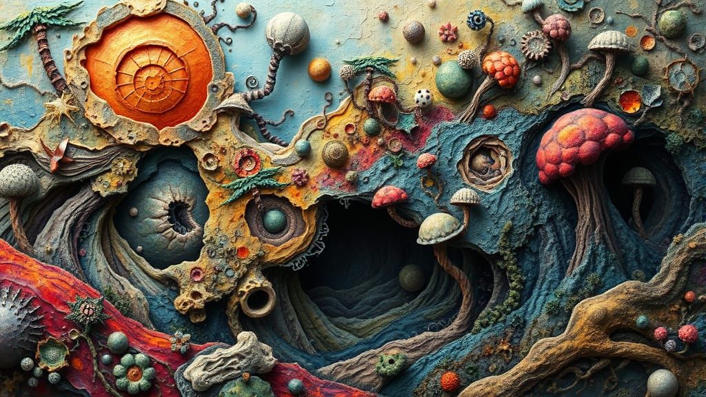 Surreal Organic Landscape with Hidden Creatures in Vibrant C...