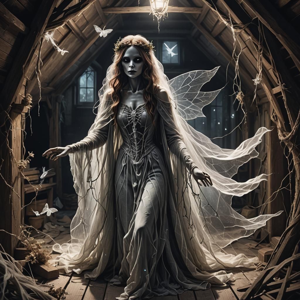 ghost woman fairy in a dark attic with cobwebs