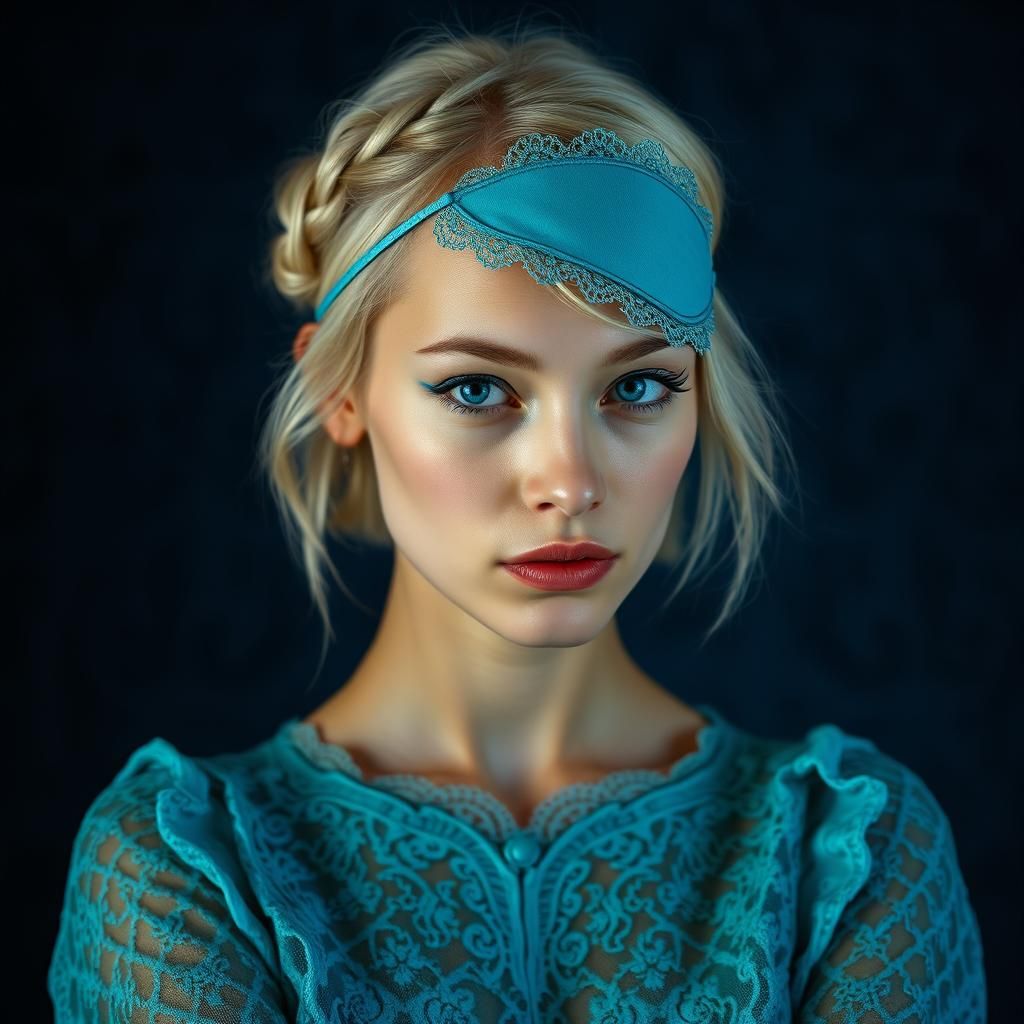 Blonde Woman in Turquoise Lace Eyepatch: Fine Art Portrait