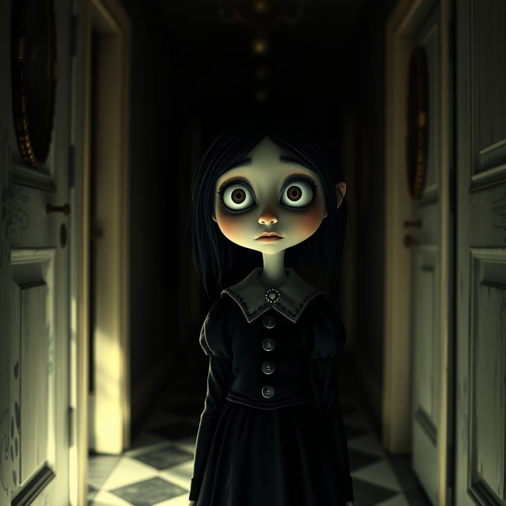 Eerie Gothic Girl in Dreamlike Hallway