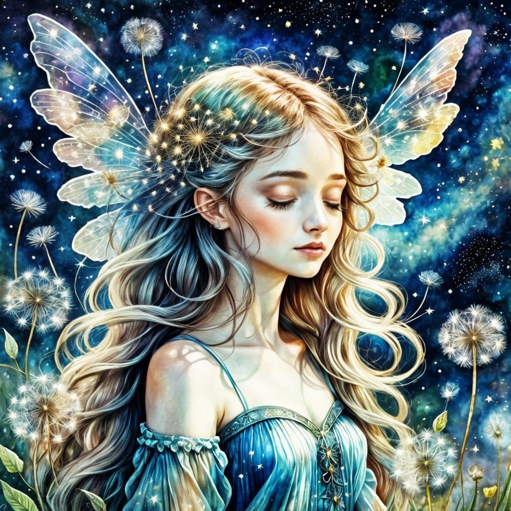 Fairy in Dandelion Dreamscape: Vintage Watercolor Art