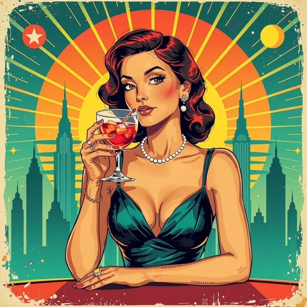 Retrofuturistic Cocktail Sign with Pin-Up Girl