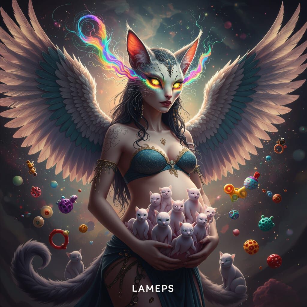 Fantastical Lameps Creature: Humanoid with Bird Wings and Ca...