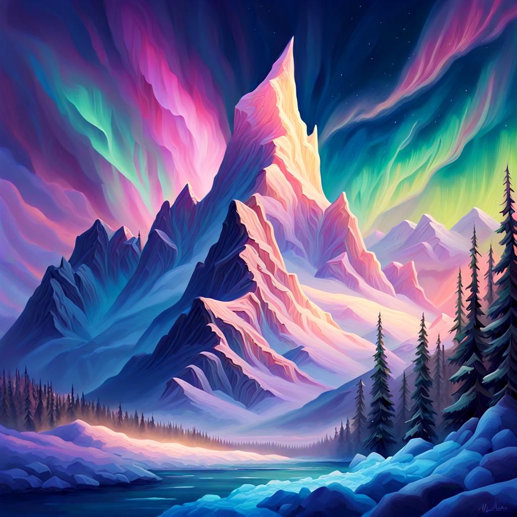 Majestic Winter Mountains Under Northern Lights