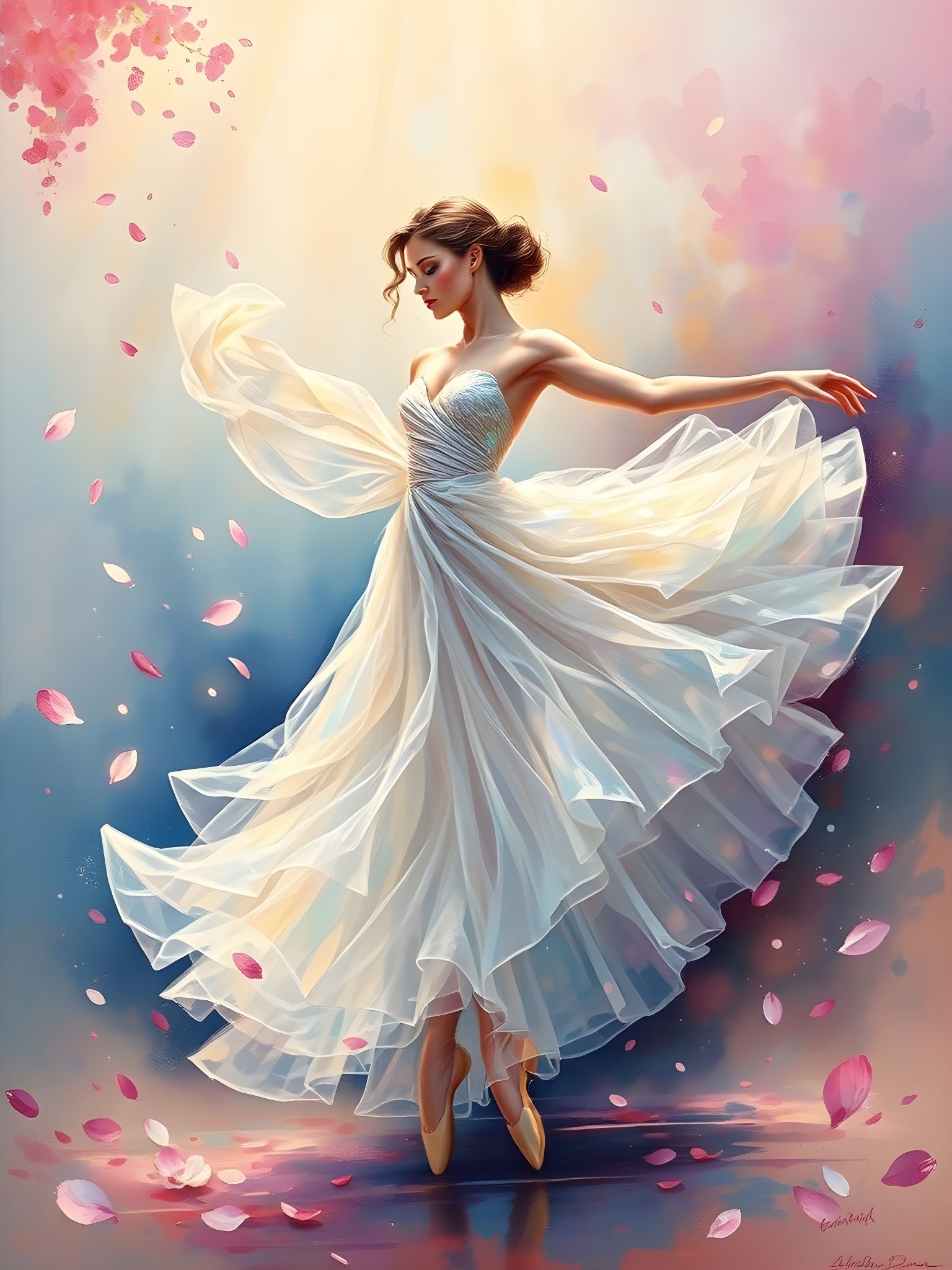 Ethereal Ballerina in Tulle Gown: Impressionist Impasto Art
