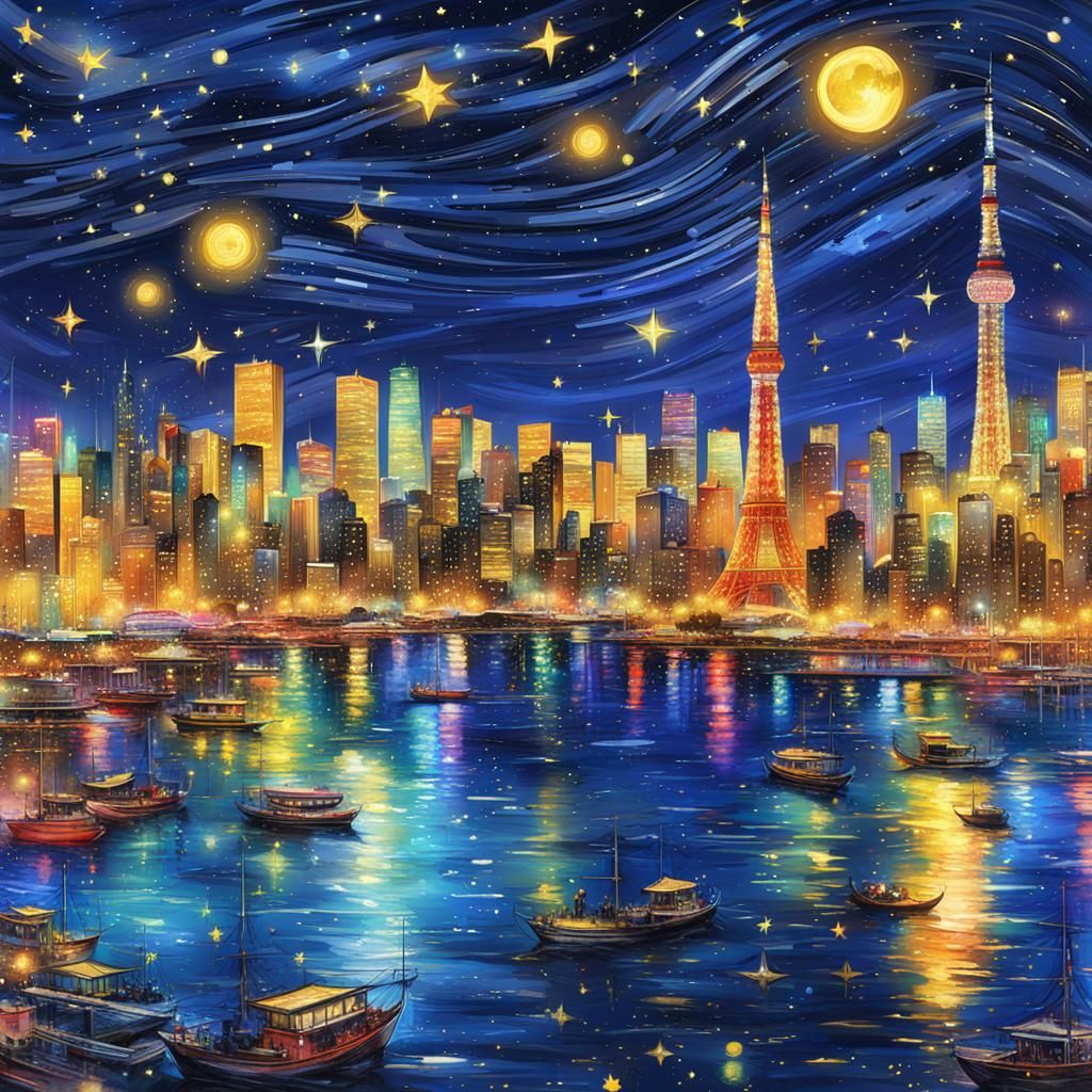 Tokyo Skyline at Night in Dreamlike Realism