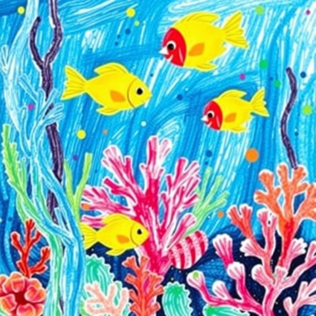 Vibrant Ocean Scene in Children's Drawing Style