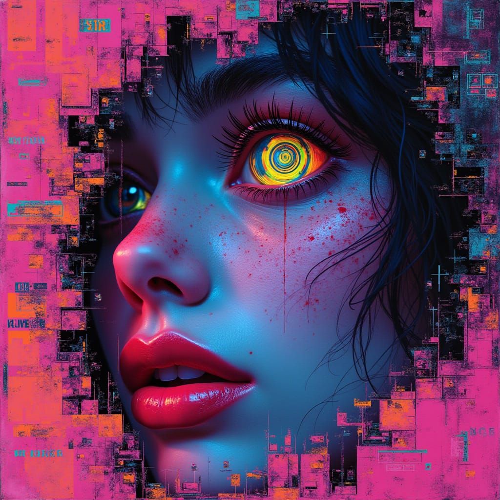 Woman's Face Through Torn Digital Screen in Cyberpunk Style