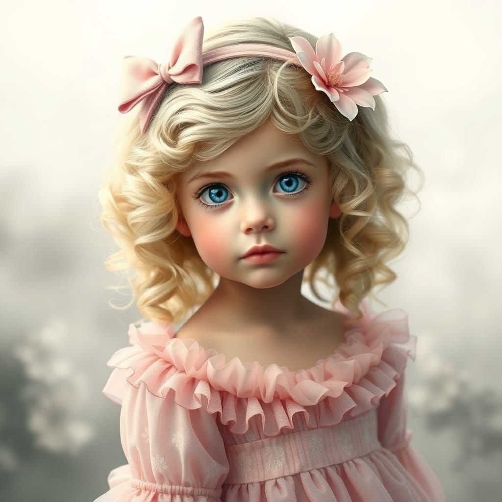 b&w A sweet young girl with large blue eyes and curly blonde...
