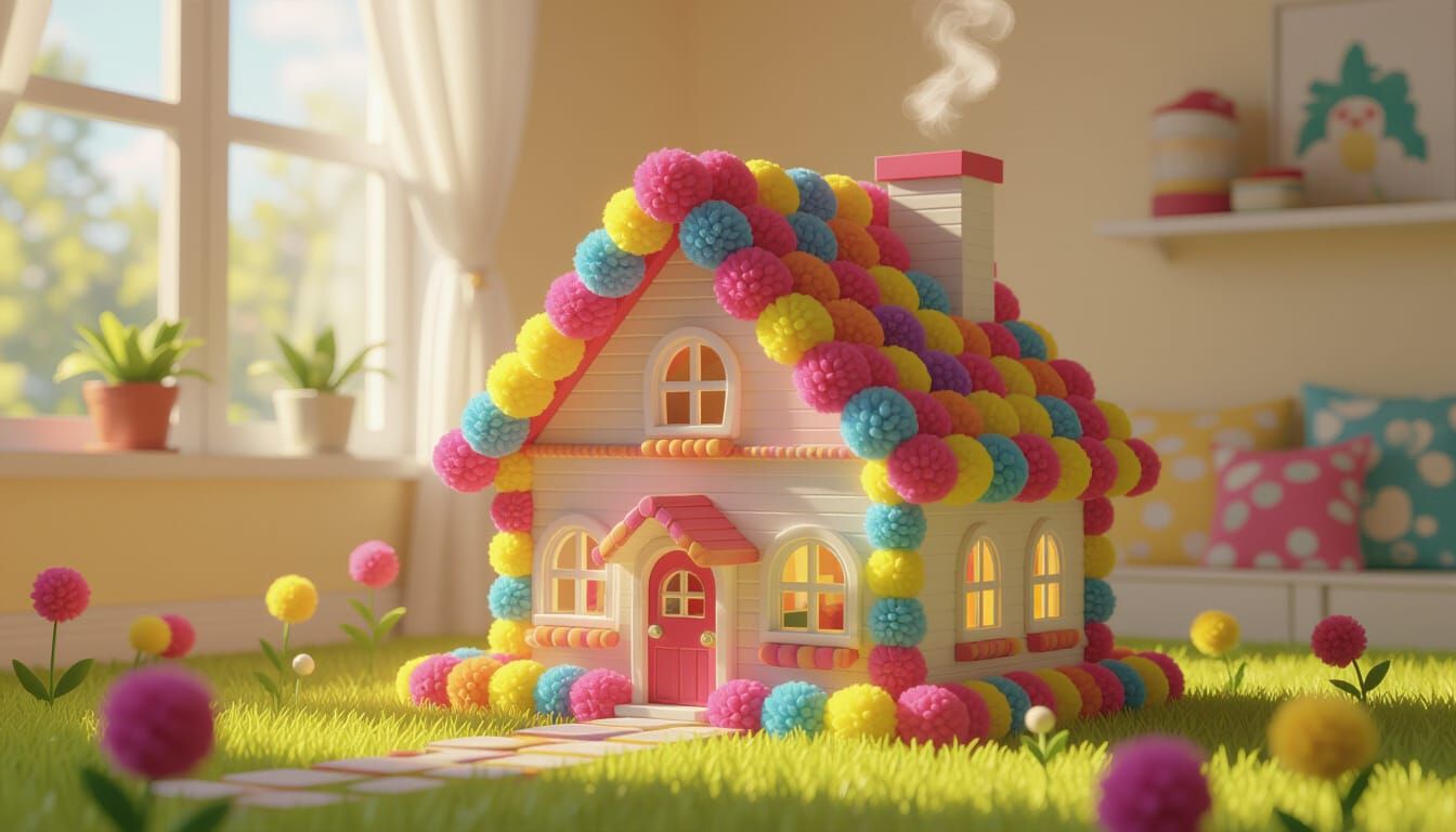 Colorful Pom Pom Toy House in CGI Style