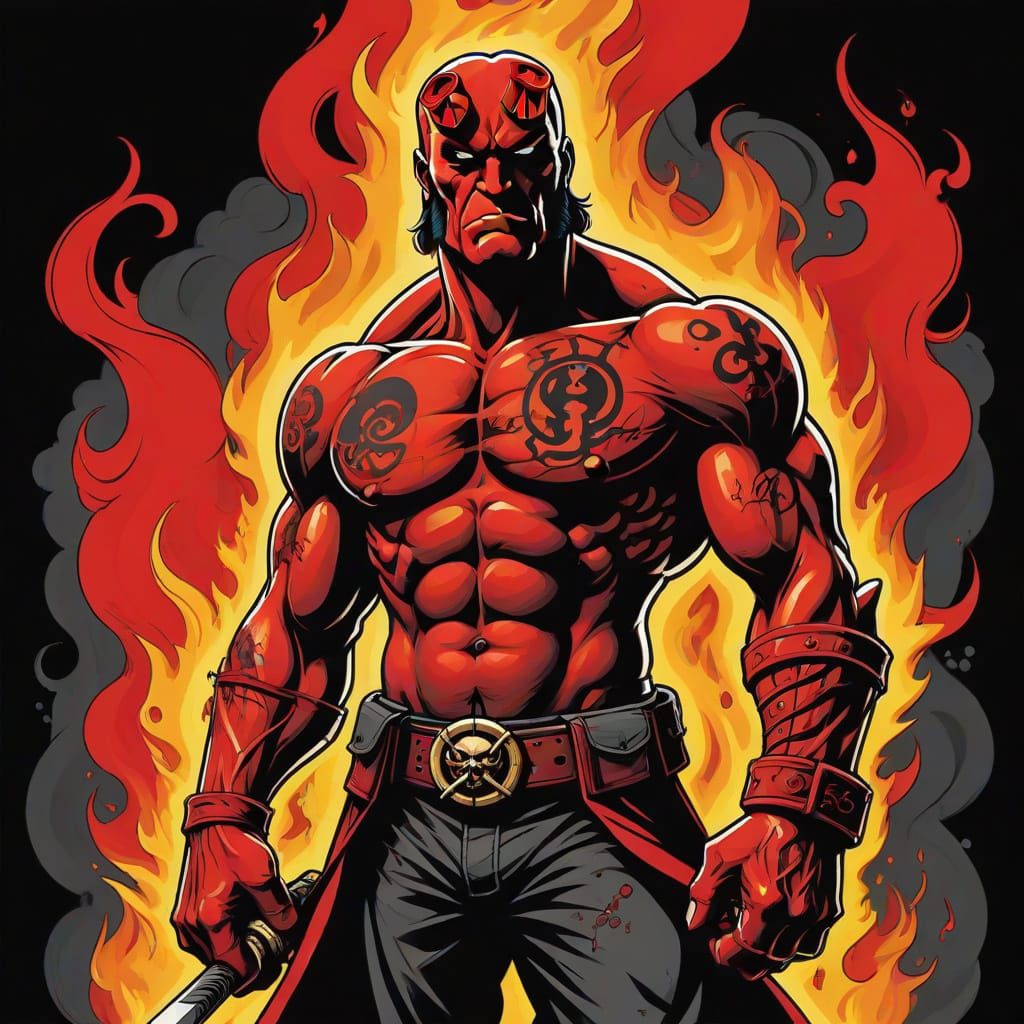 Hellboy in Smoky Inferno, Ed Hardy Tattoo Art Style