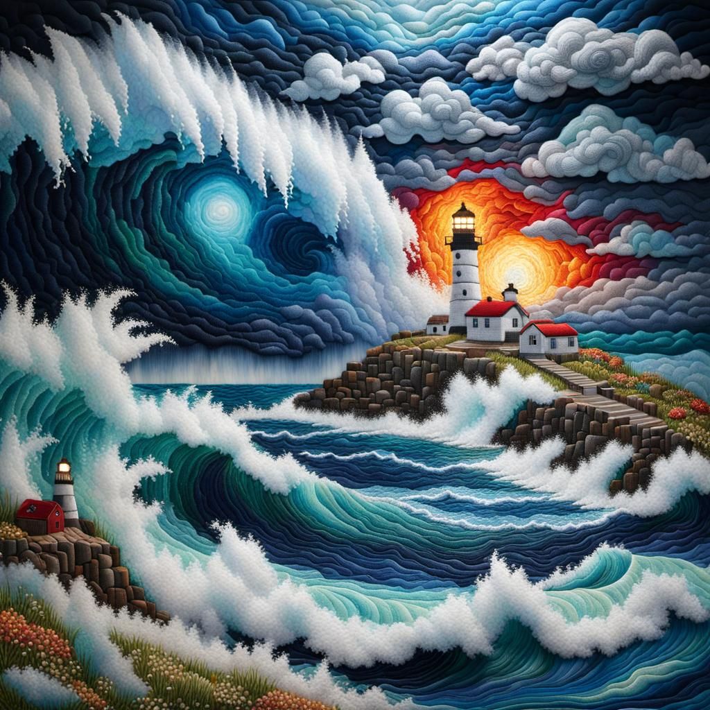 Storm at Sea in Quilted Needlework Fabric