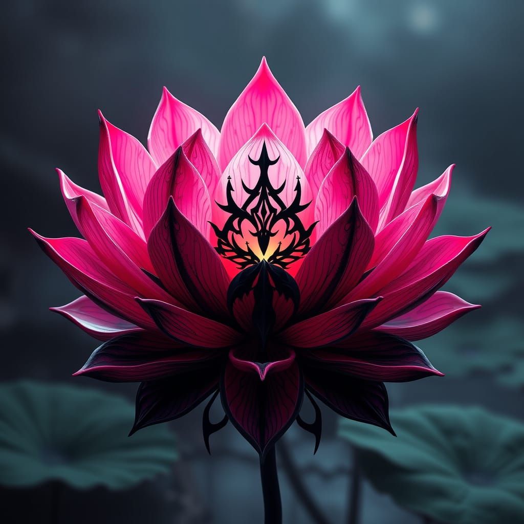 Gorgeous vivid illustration of a lotus flower in the shape of a ying yang. Both sides are vibrant and full of beautiful ...