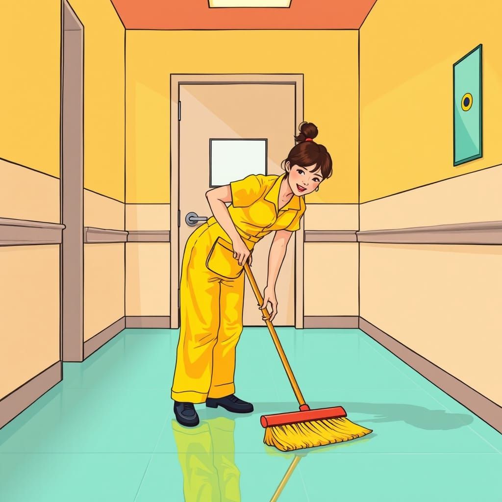 Person Sweeping Floor in Pop Art Style