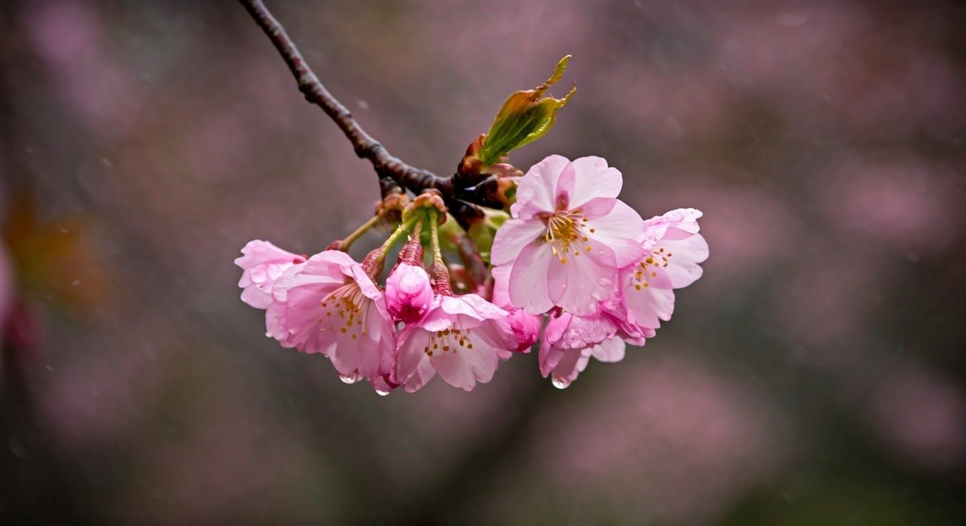 Rain-Kissed Cherry Blossoms in Dreamy Oil Painting Style
