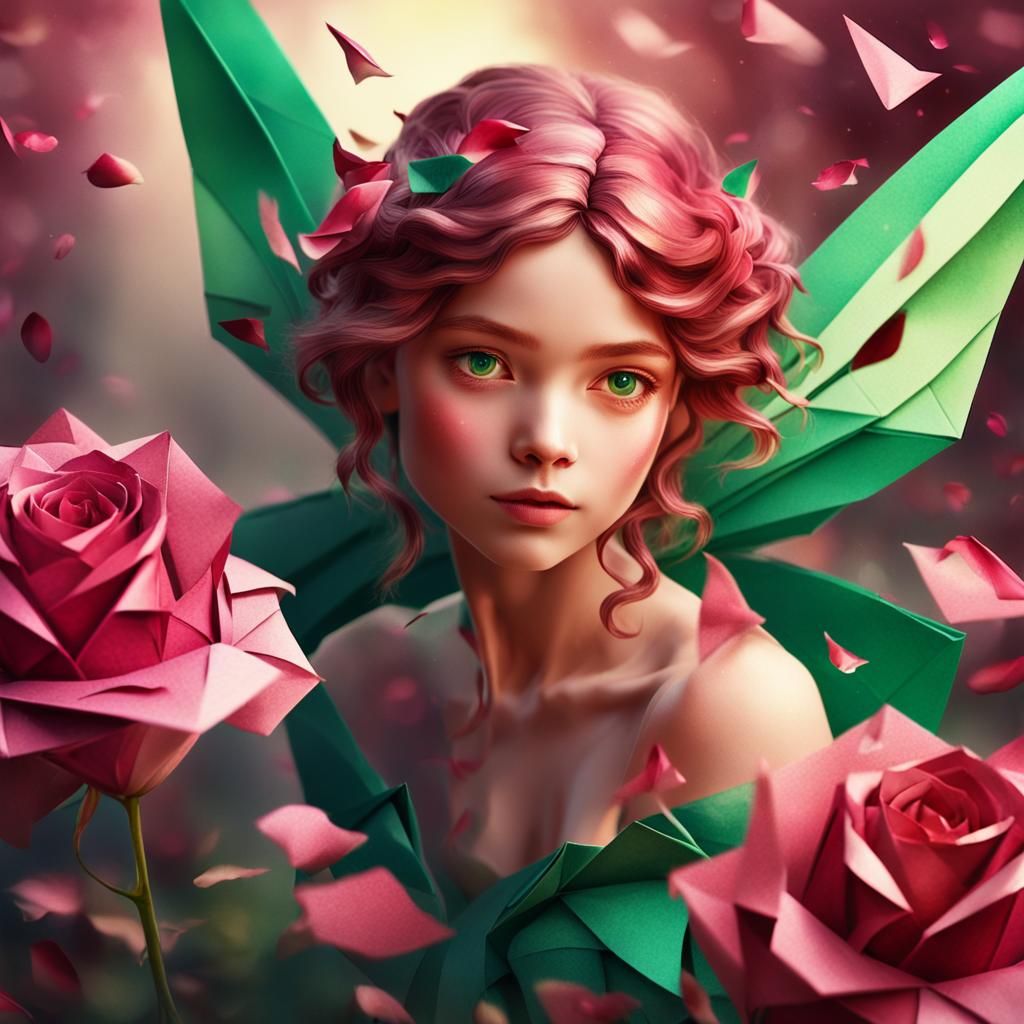 Fairy Princess Emerges from Origami Rose Petals