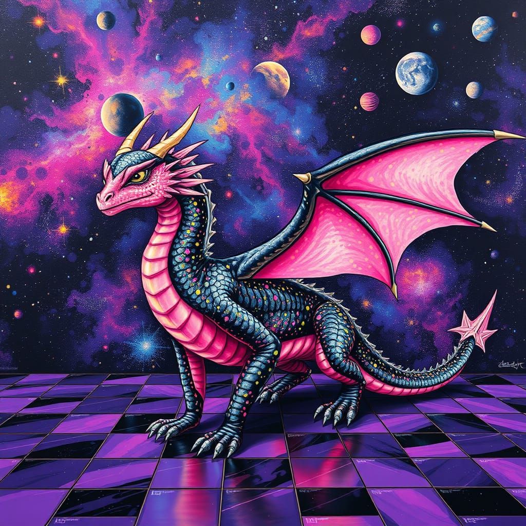 Majestic Cosmic Dragon in Vibrant Checkered Cosmic Floor