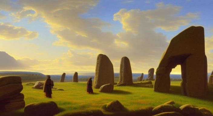 Monumental Trilithon Landscape Painting in Romantic Style