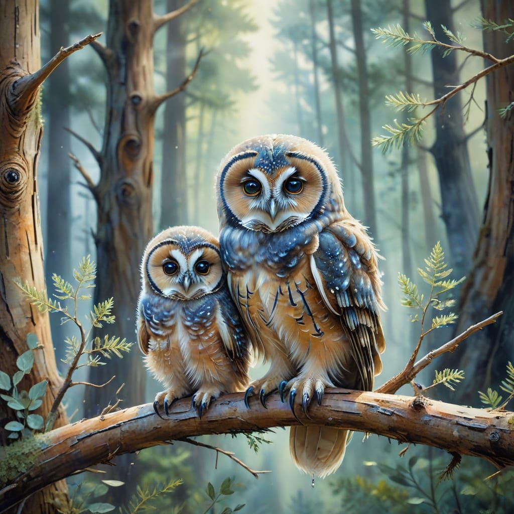Whimsical Watercolor Owls in Dappled Forest
