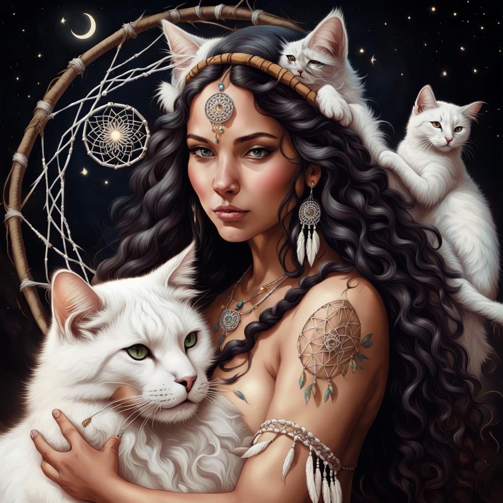 White Cat Cuddling Shaman Dancer on Alien Planet