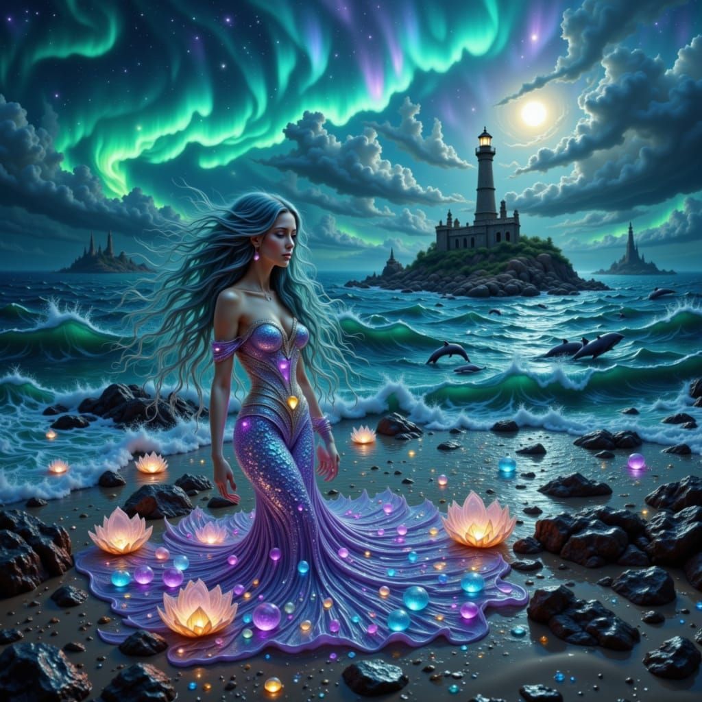 Melancholic Mermaid Washes Ashore Under Aurora Sky