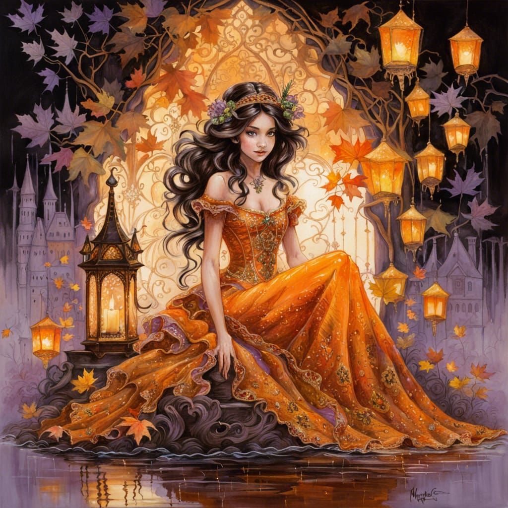Ornate Disney Princess with Golden Motifs and Lace Art