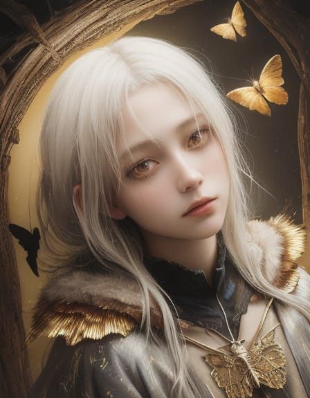 Boy in Moth Cloak Under Moonlight, Grunge Oil Painting