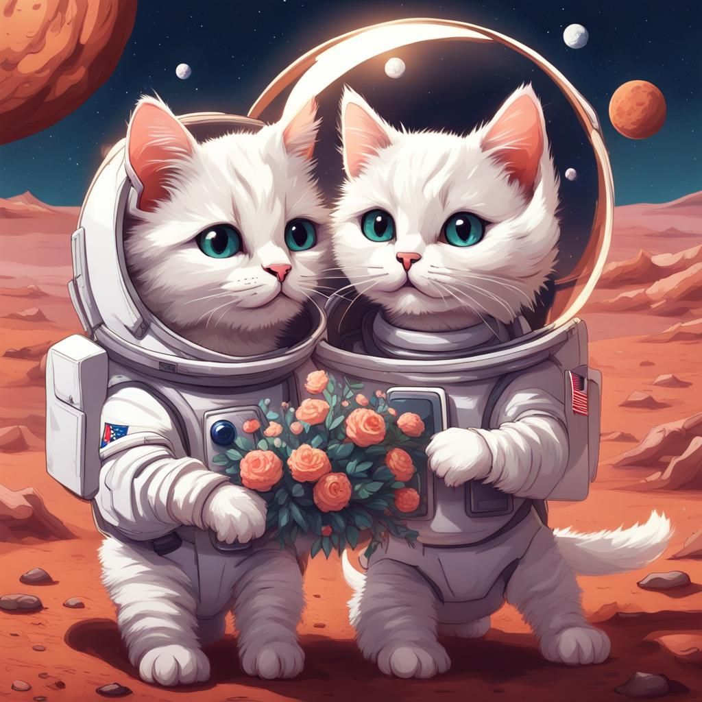 Cute Cats in Astronaut Suits on Mars