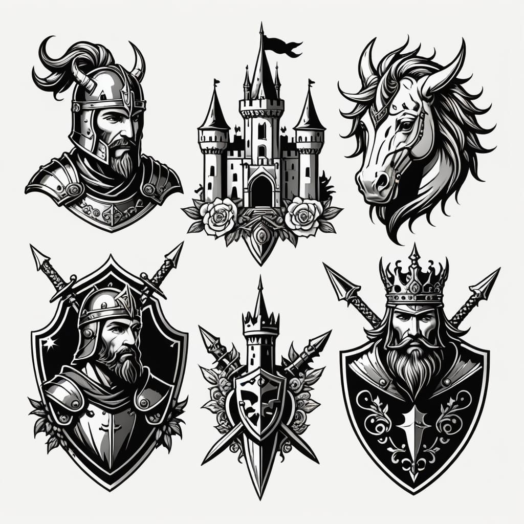 Black and White Flash Tattoo Sheet with Knight and Unicorn