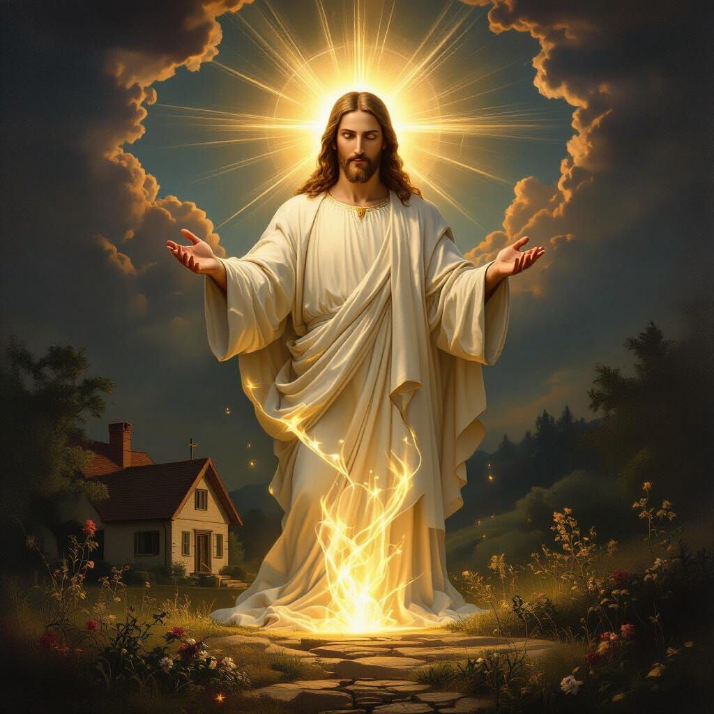 Christ Figure Radiating Light Over Humble Home