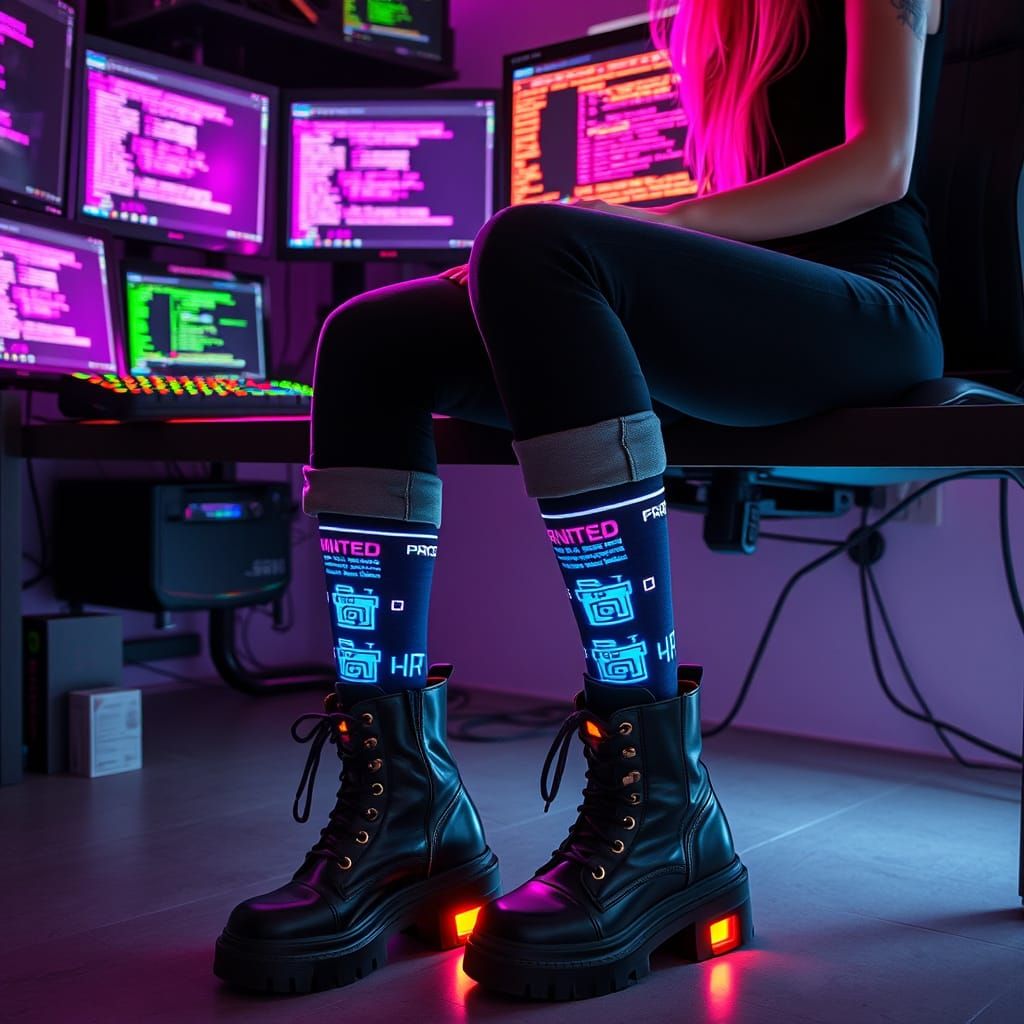 Cyberpunk Fashion: Tech-Glitch Socks and Neon Hacker Desk