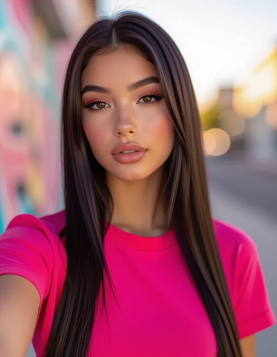 Gen Z Latina Teen Selfie in Hot Pink Shirt