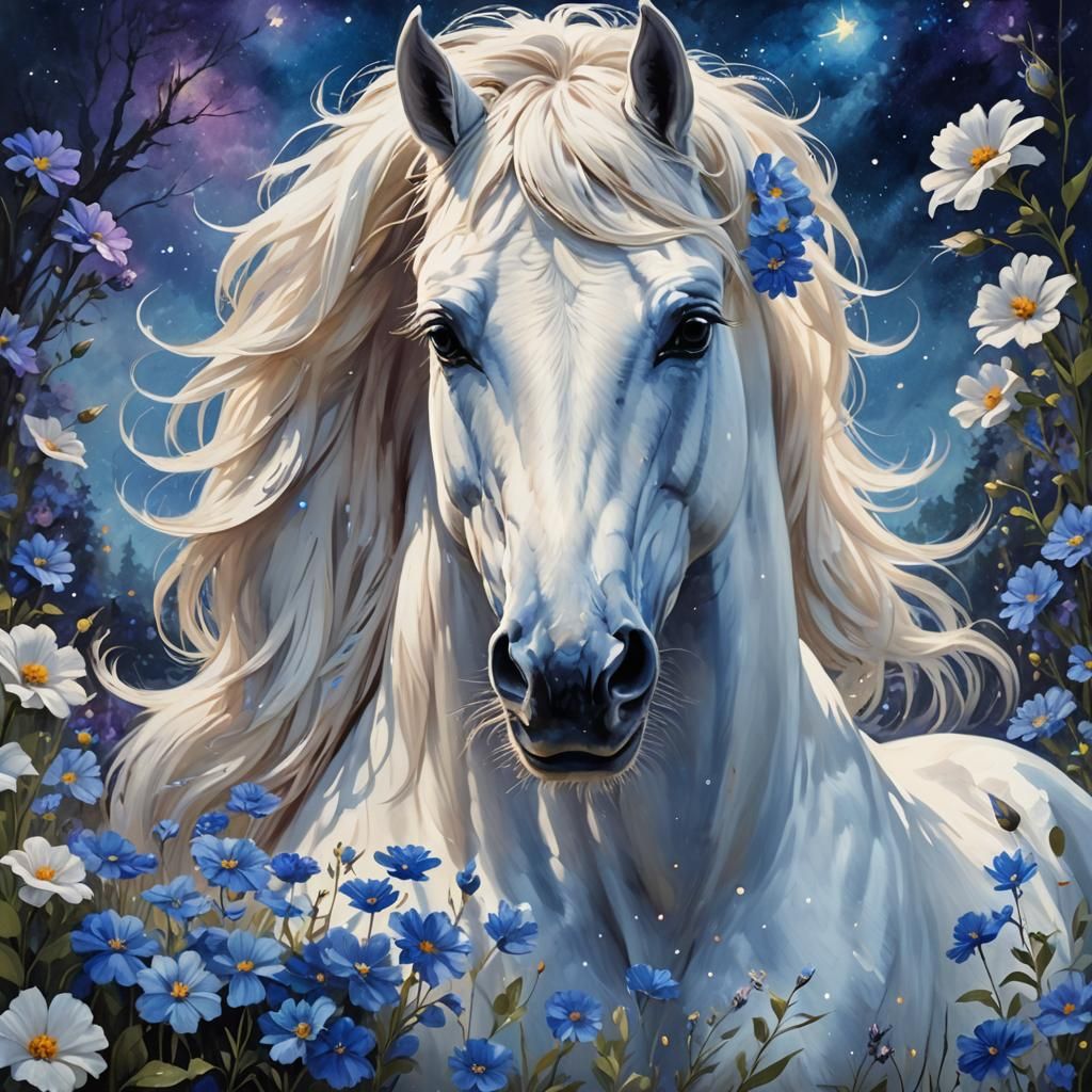 Majestic Horse with Blue Flowers, Oil Painting