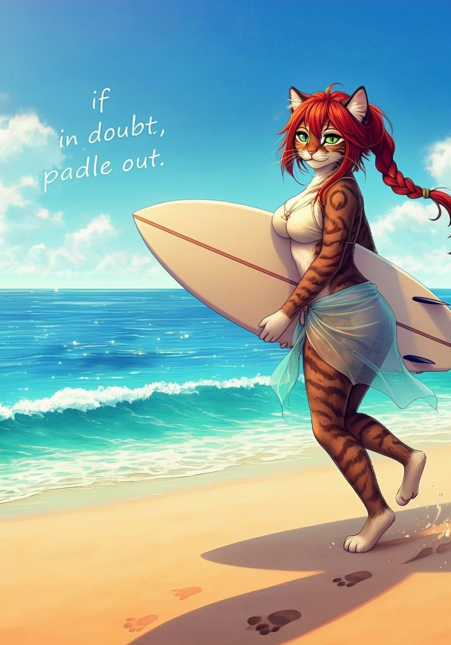 Surreal Fantasy Cat Rides Waves in a Blend of Oil and Digita...