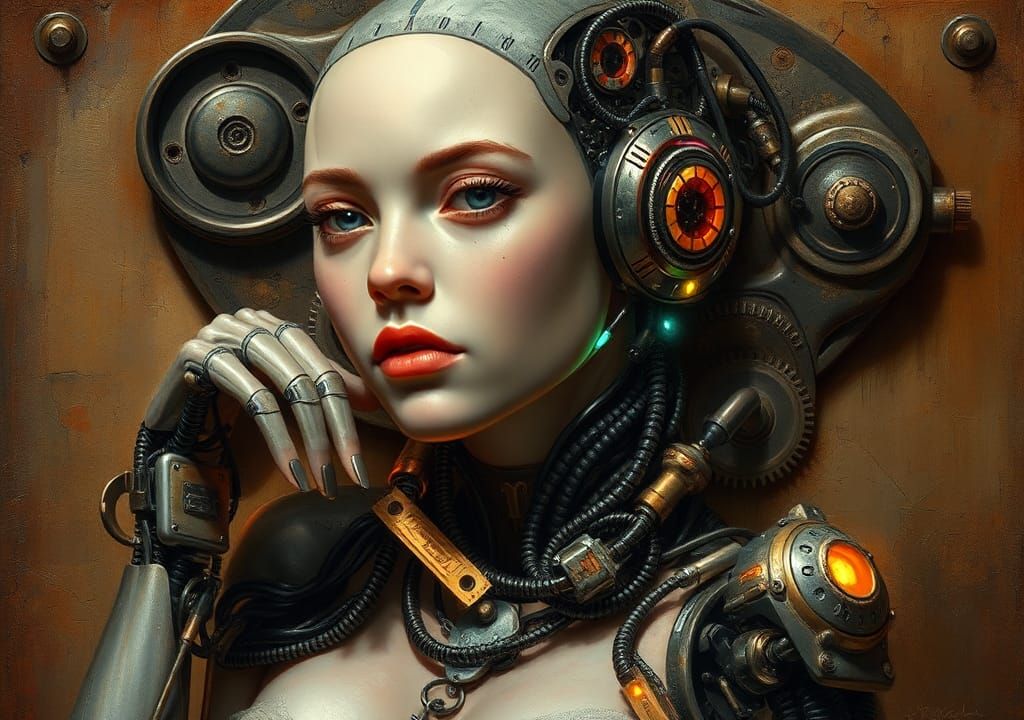 Cyborg Woman in Oil Painting Style