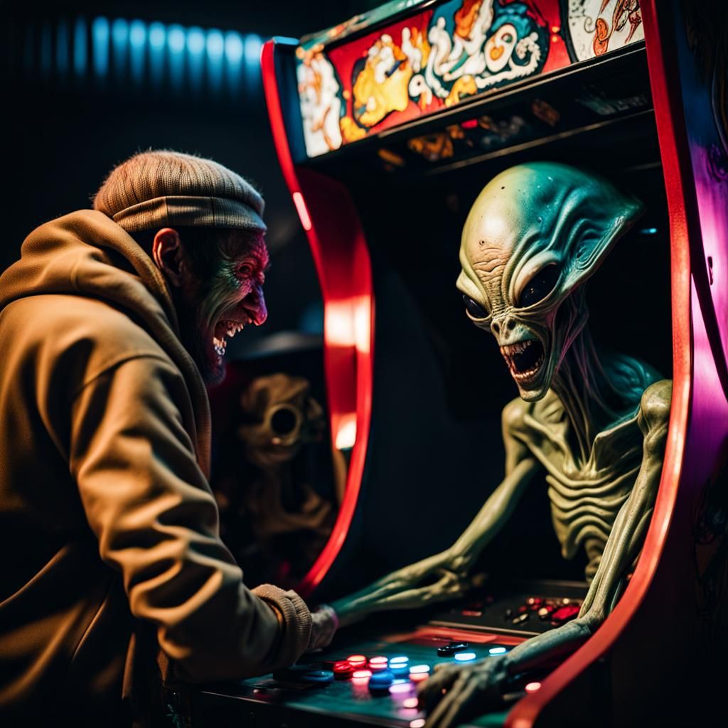 Scary Alien Laughing at Arcade Game: Hyperrealistic Portrait