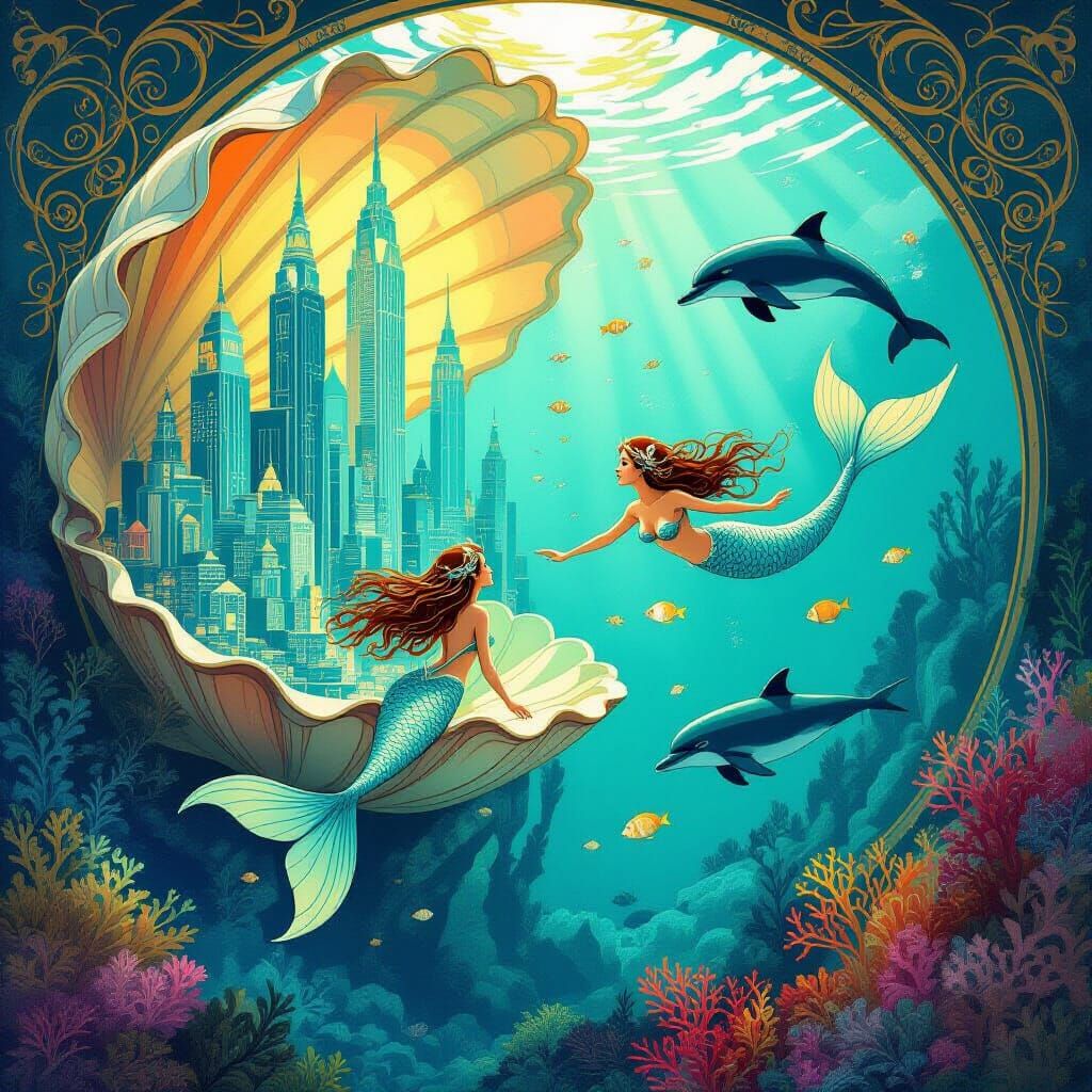 Vibrant Merfolk City in Art Nouveau Style