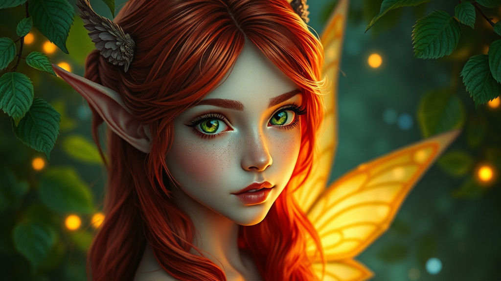 Enchanting Fairy Portrait: Red Hair, Green Eyes, Fantasy Art